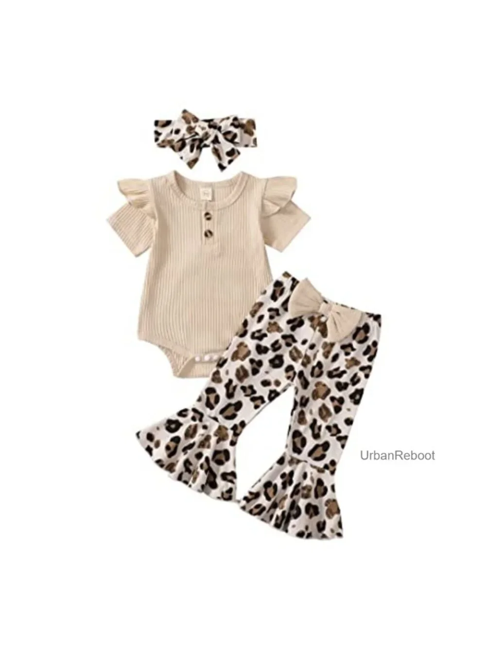 Baby Girl Cotton Romper Set with Leopard Flared Pants and Headband